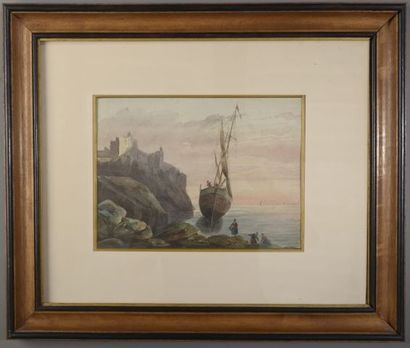 null École du XIXe siècle.

Marine.

Aquarelle signée en bas à gauche Féragu (?).

Haut....