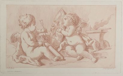 null D'après Jean-Baptiste I HUET (1745-1811).

Angelots peintres et musiciens.

Deux...
