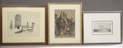 Set of five framed pieces, 20th century:

-...