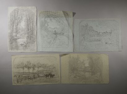 null François VERNAY (1821-1896).

Sketches for landscapes.

Cing drawings on blue...