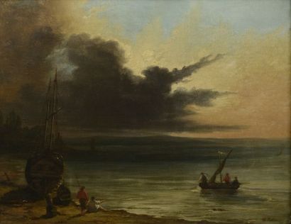 null C.GUDIN (XIXth century).

Boats and fishermen at sunset. 

Oil on canvas (faded,...