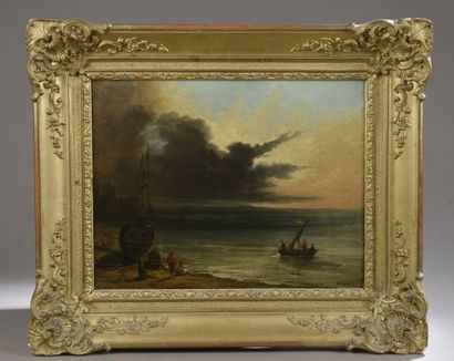 null C.GUDIN (XIXth century).

Boats and fishermen at sunset. 

Oil on canvas (faded,...