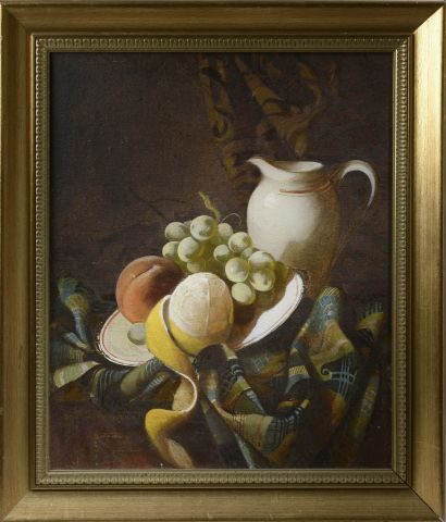 null École russe du XXe siècle.

Nature morte à la cruche et aux fruits. 

Huile...