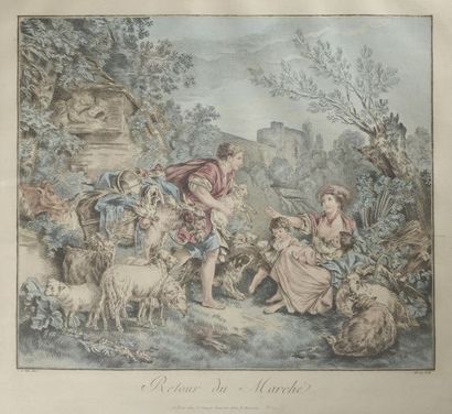 null D'après Jean-Baptiste I HUET (1745-1811).

Vue intérieure d'une ferme et retour...