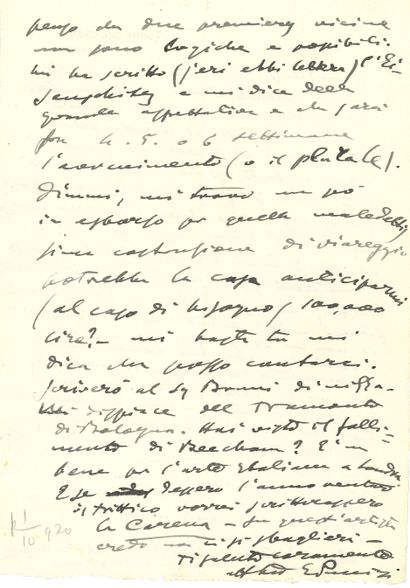 null Giacomo PUCCINI (1858-1924). L.A.S., Torre del Lago 23 septembre 1920, à Renzo...