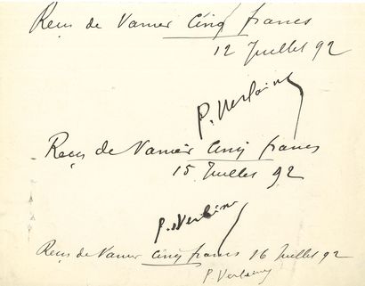 Paul VERLAINE (1844-1896). P.S. avec 3 signatures,...