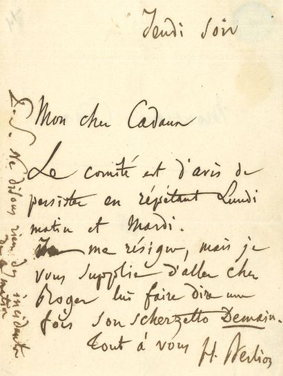 null Hector BERLIOZ (1803-1869). L.A.S., Jeudi soir [23 janvier 1851], à Cadaux ;...