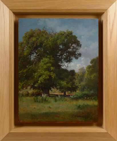 null Leon DALLEMAGNE (1837-1907). 

Oak in the meadow. 

Oil on walnut panel signed...