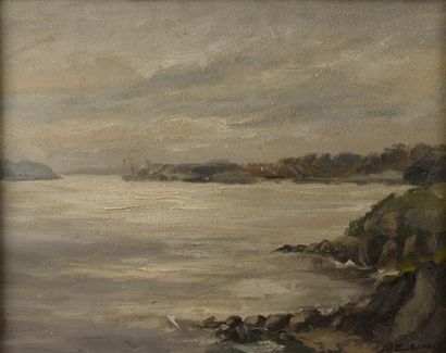 null School of the XXth century. 

Landscape of a rocky coast.

Oil on panel signed...