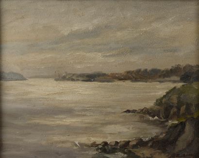 null École du XXe siècle. 

Paysage de côte rocheuse.

Huile sur panneau signée en...