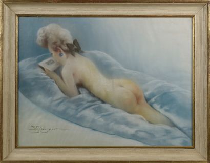 null Samuel SEEBERGER (act.1875-1897).

Jeune femme lisant nue allongée sur son lit.

Pastel...