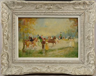null Modern school.

Carriages and Walkers in a Park.

Oil on panel. 

Height : 23...