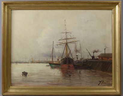 null French school of the 20th century. 

Boat at the unloading dock. 

Oil on canvas...