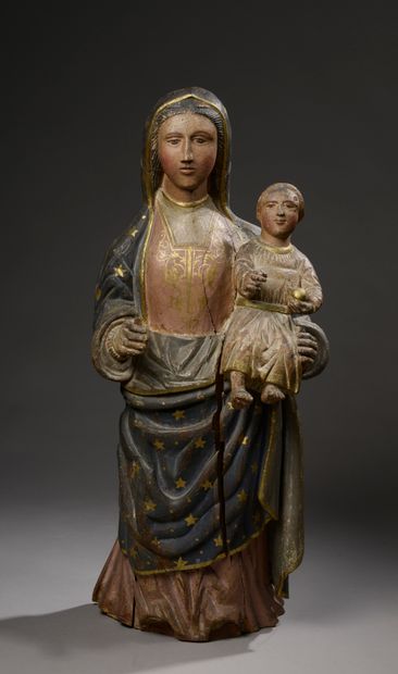 null Importante Vierge à l'enfant en bois polychrome (tête et bas de la robe rapportés,...