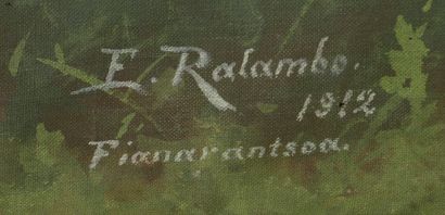 null Émile RALAMBO (1879-1963).

Scène villageoise Malgache.

Soie peinte signée...