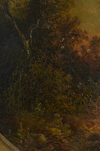 null School of the 19th century.

Edge of a forest with a figure in the setting sun.

Oil...