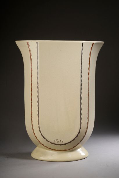 null CAZALAS - CIBOURE. 

Flared vase in beige enamelled stoneware with a depiction...