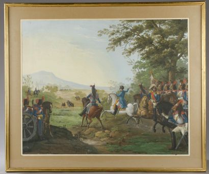 null École française du XIXe siècle.

Napoléon menant ses troupes lors de la bataille...