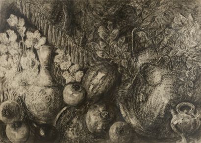 null Louise HERVIEU (1878-1954).

Still life with a jug, vegetables and flowers.

Charcoal...