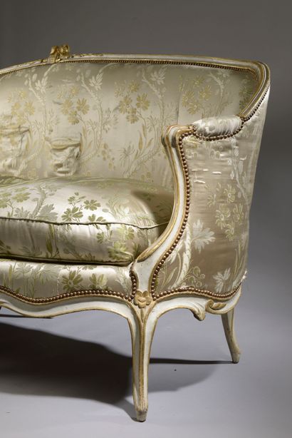 null Four beechwood armchairs, cream varnished and gold rechamped, with cabriolet...