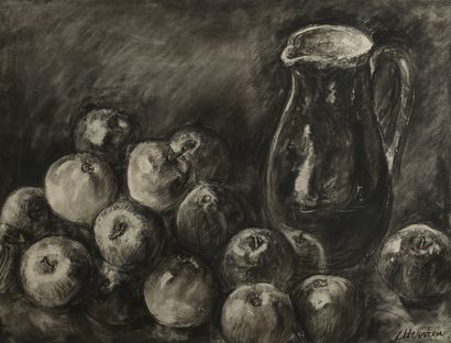 null Louise HERVIEU (1878-1954).

Nature morte au pichet et aux pommes.

Fusain signé...