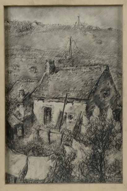 null Louise HERVIEU (1878-1954).

The thatched cottage.

Charcoal signed in the lower...