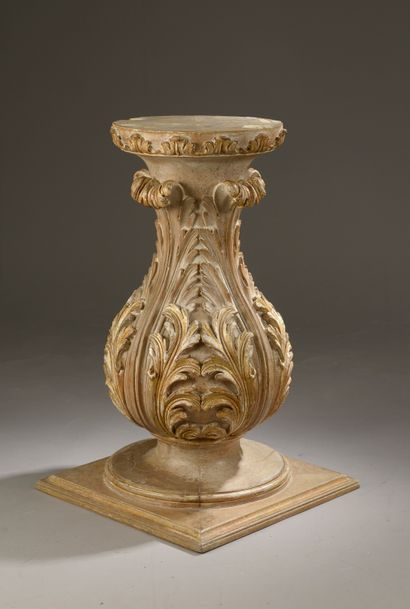 Carved and gilded walnut baluster table base...