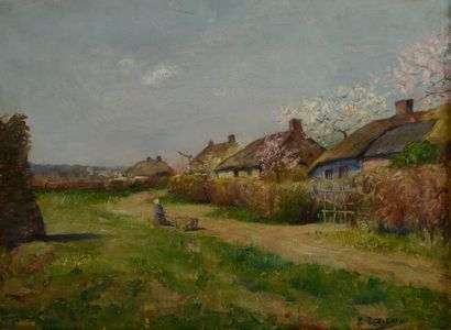 null K. BERCKMANS (20th century).

Thatched cottages and trees in bloom.

Two oil...