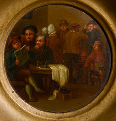 null School of the XIXth century.

Small oil on panel in tondo representing a tavern...