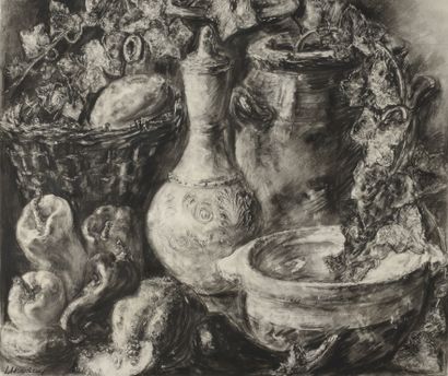 null Louise HERVIEU (1878-1954).

Still life with a jug, peppers and eggplant.

Charcoal...