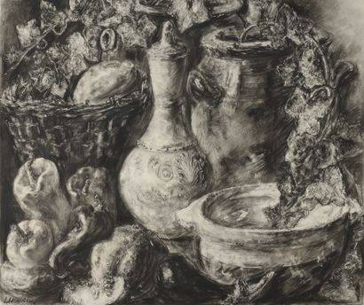 null Louise HERVIEU (1878-1954).

Nature morte à la cruche, poivrons et aubergine.

Fusain...