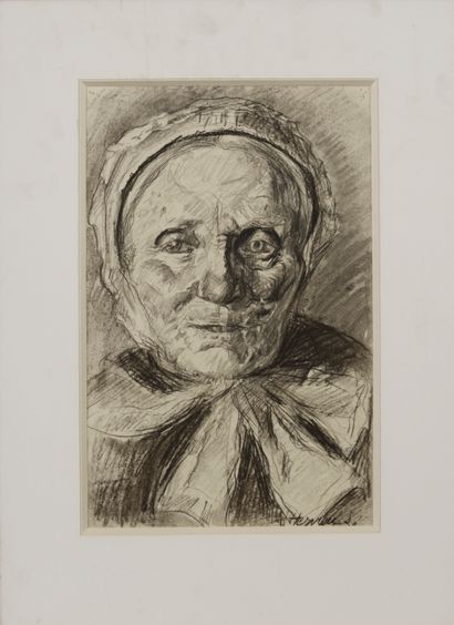 null Louise HERVIEU (1878-1954).

Portrait d'une vieille femme à la coiffe.

Fusain...