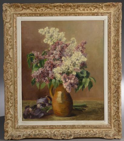 null M. PETITEAU (19th century).

Bouquet of lilacs and irises on an entablature.

Oil...