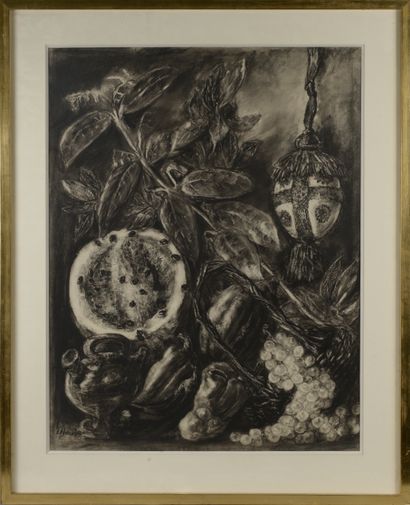 null Louise HERVIEU (1878-1954).

Still life with fruits and mask.

Charcoal signed...