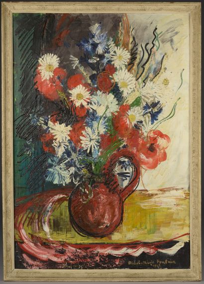 null Michèle Marie POULAIN (20th century).

Bouquet of flowers in a red pitcher.

Oil...