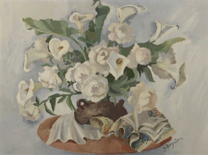 null G. SCHMITT (20th century).

Bouquet of arums and white peonies.

Oil on panel,...