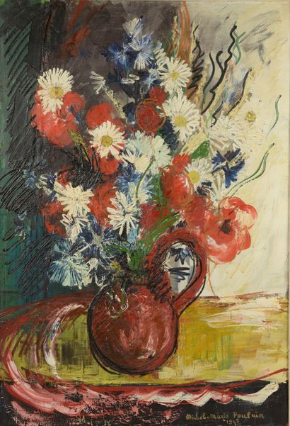 null Michèle Marie POULAIN (20th century).

Bouquet of flowers in a red pitcher.

Oil...