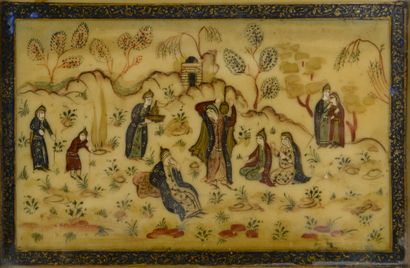 null Set of two Iranian miniatures on bone in marquetry frames called Khatam Kari....