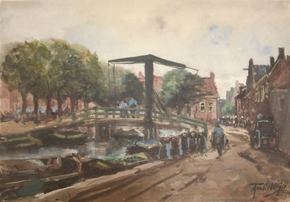 null Dutch school of the end of the 19th century.

The bridge over the canal. 

Gouache...