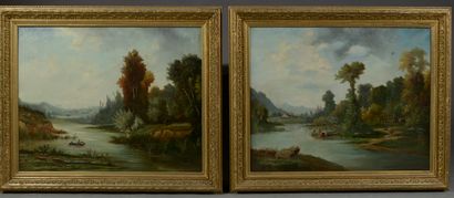 null E. BLANCHET (XIXe siècle).
Paysages lacustres. 
Deux huiles sur toile signées...