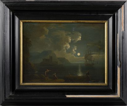null French school around 1840.
Fishermen in the moonlight (hole and small tear).
Oil...