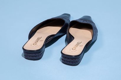 null CHANEL. 

Pair of black leather and navy blue lizard mules (minor wear), pointed...