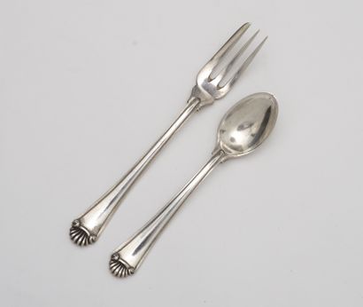 null Twelve small spoons and twelve forks with cake out of silver 800 thousandths,...