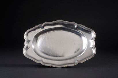 null Oval silver dish 950 thousandths, the lip with moulded contours, engraved with...