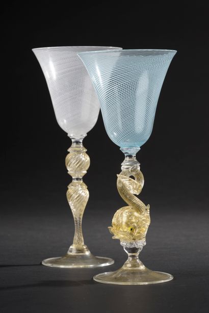 null MURANO.
Two glasses with foot out of blown and pinched glass, the cups widened...