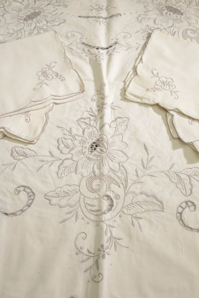 null Nappe ronde en coton écru ajouré brodée de motifs floraux gris.
XXe siècle....