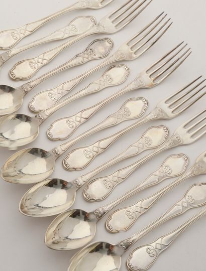 null Eight forks and seven spoons with entremets out of silver 950 thousandths struck...