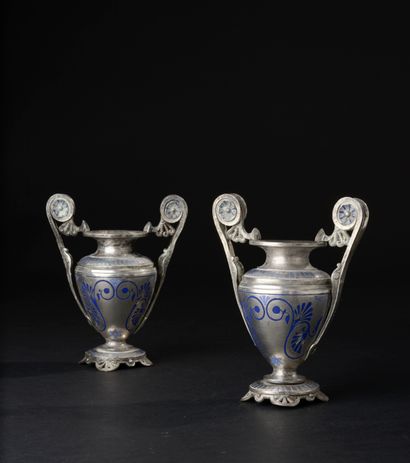 Pair of small silvered bronze vases decorated...