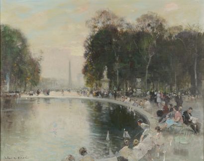 null Jules-René HERVÉ (1887 - 1981).
Le bassin des Tuileries. 
Huile sur toile signée...