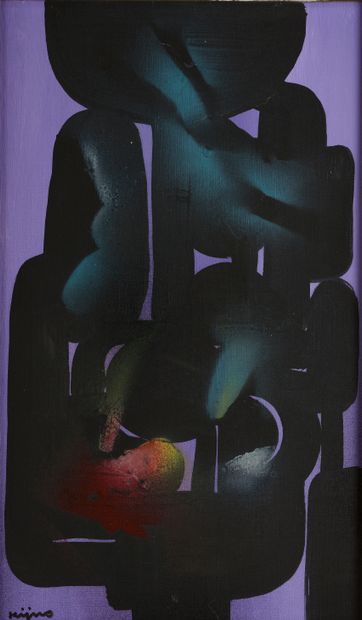 null Ladislas KIJNO (1921 - 2012).
Composition sur fond violet. 
Huile sur toile...